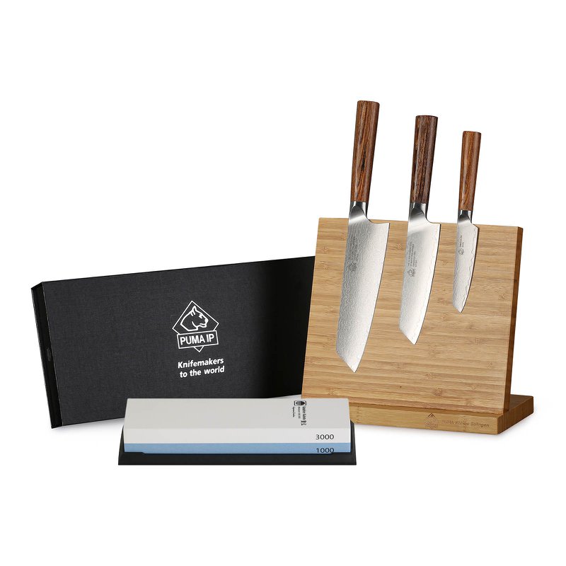 PUMA IP set of 3: 7” Santokumesser + 5.5” Santokumesser + Office 4” Schälmesser aus Japanischem VG-10 Damaststahl mit Griff aus Nussbaum-Pakkaholz mit Magnet-Bambus Messerhalter und Wasserschleifstein