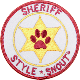 Patch it! - Sheriff, 8cm pet collar with a round yellow and red badge. The collar appears to be made of brown and black fur, suitable for a small to medium-sized dog.