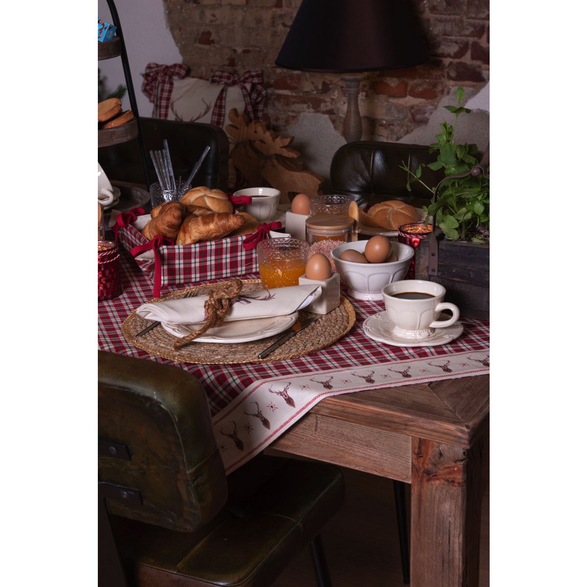 Broodmand 35x35x8 cm Rood Beige Katoen Ruit Hert Cadeau Keuken