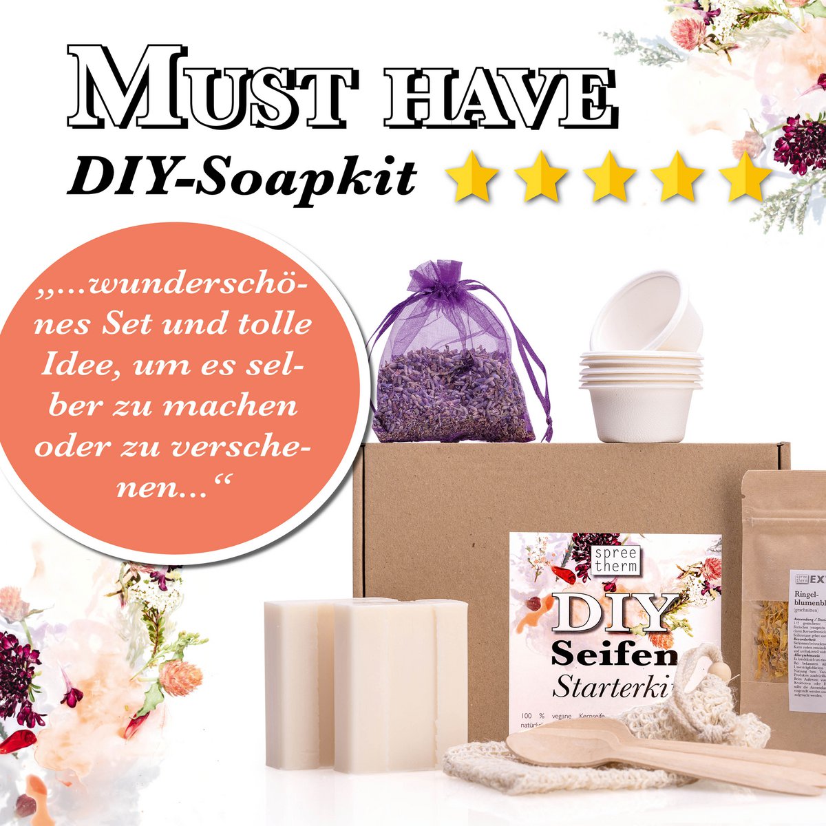 Lav selv sæbe, gør-det-selv-sæt fra spreetherm inkl. vegansk ostemassesæbe, sæbeposer og meget mere.