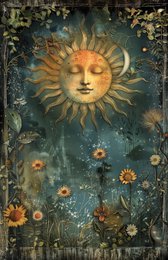 Vibrant sun-like face surrounded by lush, whimsical floral elements in a mystical, nature-inspired design.