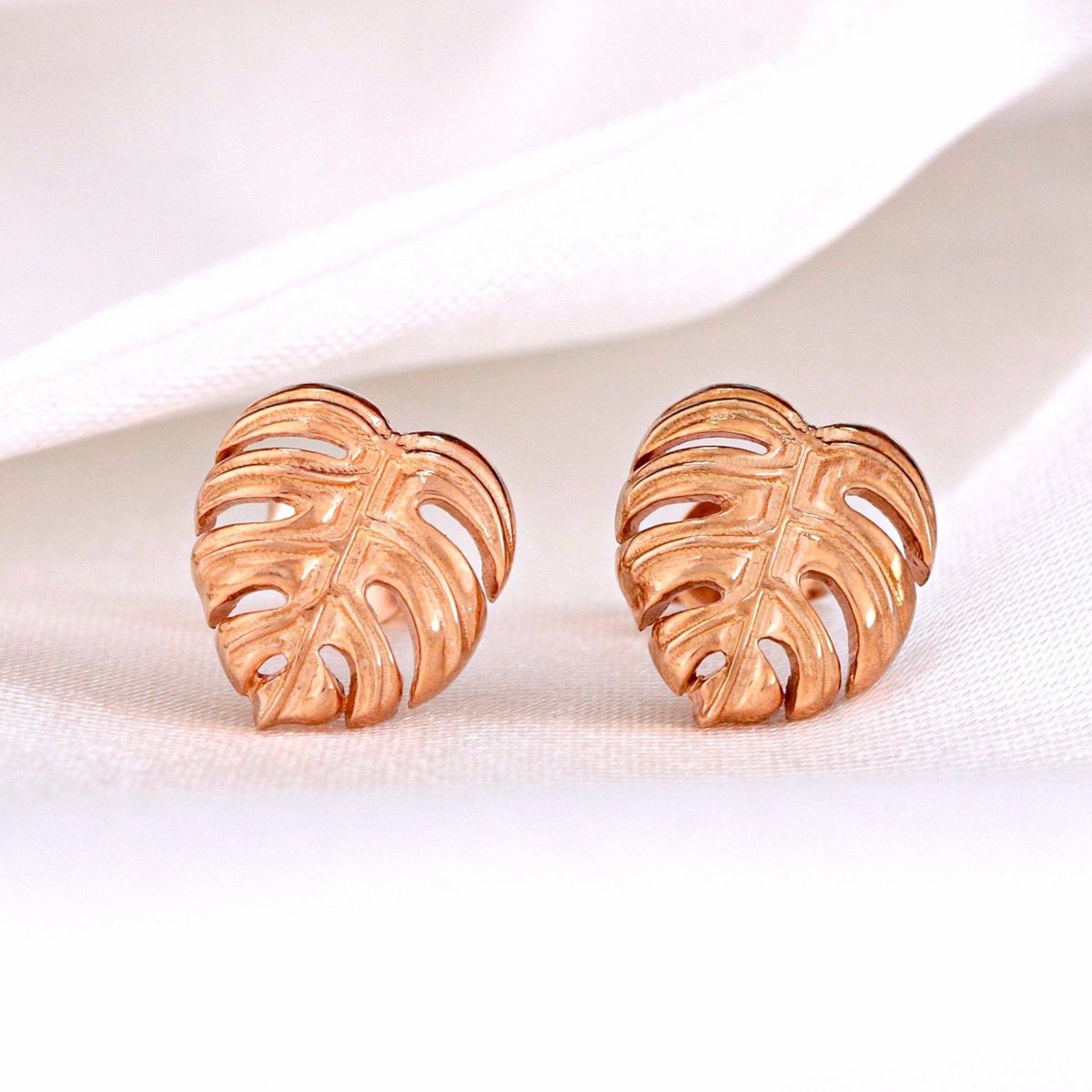 Monstera Leaf Stud Oorbellen - 925 Sterling Rose Verguld - Exotische Bladeren Sieraden - OHR925-89