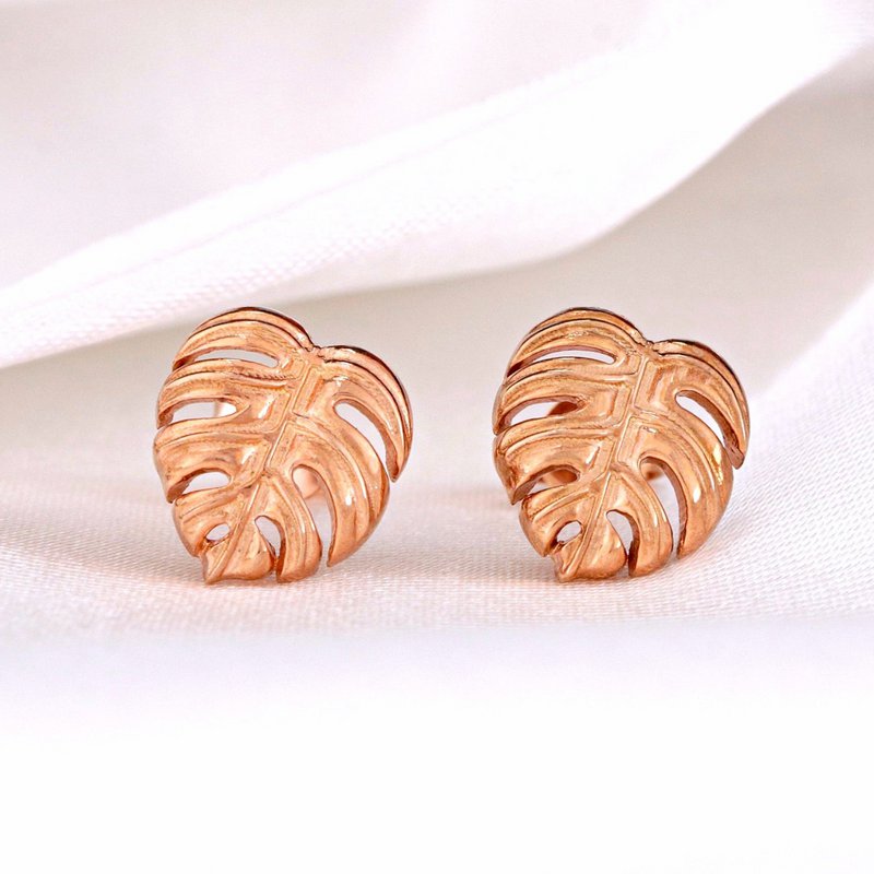 Monstera Leaf Stud Øreringe - 925 Sterling Rose Guldbelagt - Eksotiske blade smykker - OHR925-89