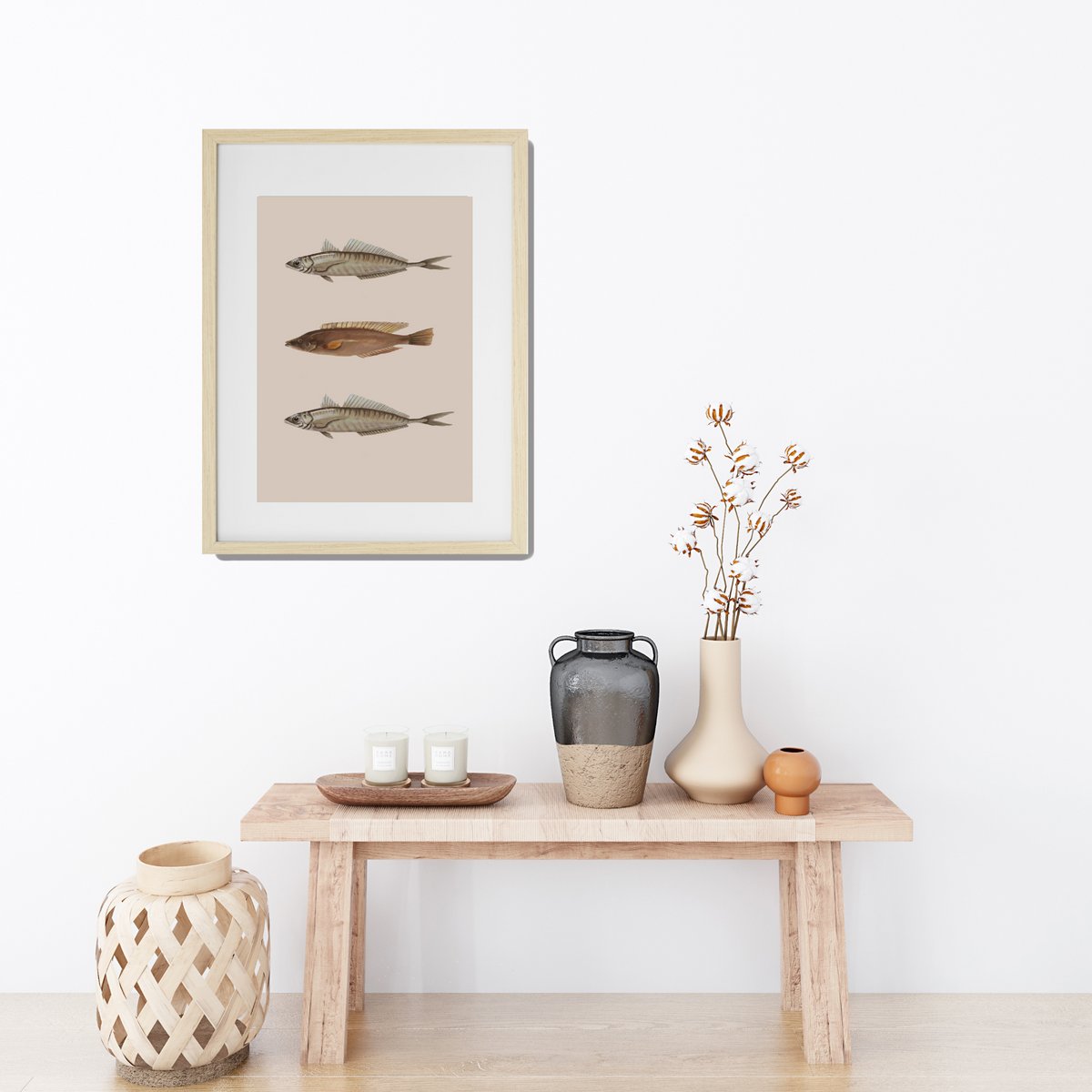 Póster 3 peces de fondo beige.