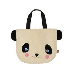 Cream canvas tote bag with cute panda face design, black handles, kawaii style shopping bag.