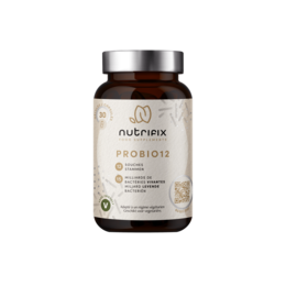Probio12 is a dietary supplement containing 12 probiotic strains to support gut health and overall well-being. The capsules are made of vegetable cellulose and contain no artificial ingredients.