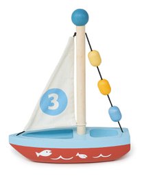 Wooden sailboat toy with blue and red hull, white sail, number 3 design, beaded mast toy.