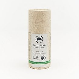 Handmade deodorant stick in a grass paper tube, with a fresh cypress rosemary scent, vegan and eco-friendly.