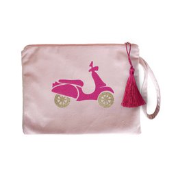 Dark green and navy velvet cosmetic bag with "Happy Holidays" gold text, star design, and red tassel handle.