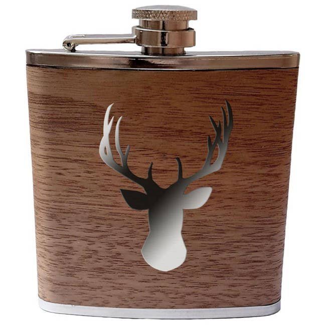 Flask made of stainless steel, real wood casing, deer motif