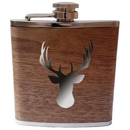 Stainless steel flask with real wood casing and a deer motif design. Ideal for outdoor activities and gift-giving.