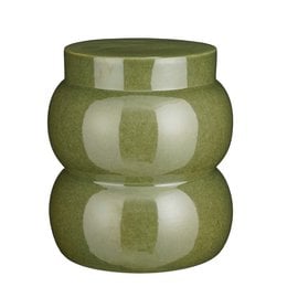 A round, tall side table with a green, ceramic finish. The table has a stacked, cylindrical design and a smooth, glossy surface.