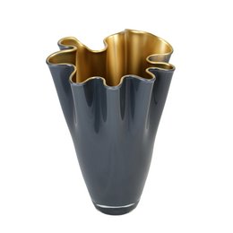 Corrugated two-tone gray and gold glass vase with a unique wavy shape, suitable for use as a table centerpiece or home decor.