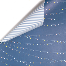 Blaues Geschenkpapier mit Lichterketten und Streifen, Geburtstags Geschenkpapier mit Partylichtern für Kinder und Erwachsene