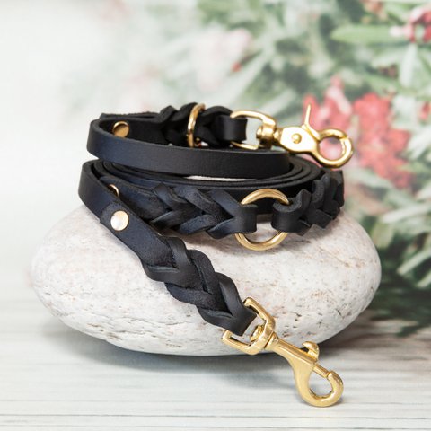 Leather dog leash | Black | Leather leash | Length 180 cm | 2-way adjustable | Handcrafted