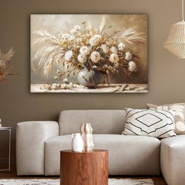 Canvas schilderij  - Wanddecoratie - Bloemen - Vaas - Stilleven - Beige