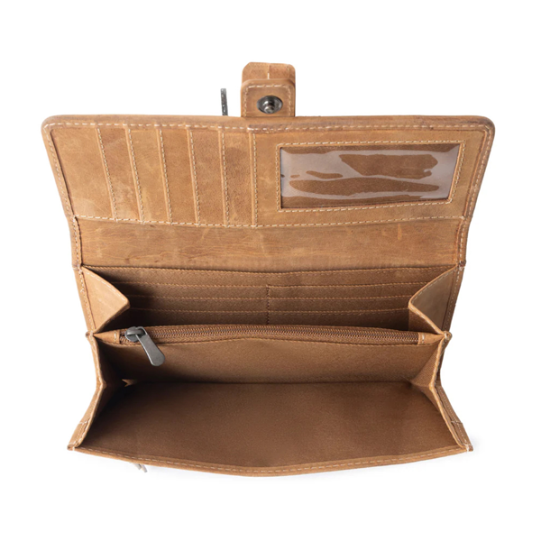 Handmade “Wind Rider” Leather & Hair-on-Hide Wallet – Artisan Tooled Western Clutch in Saddle Brown