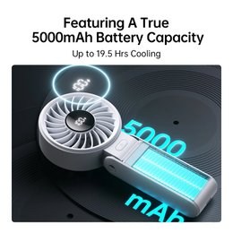 JISULIFE Tragbarer Handventilator mit LED-Anzeige, 5 Geschwindigkeiten, 5000 mAh, 150° gefaltet, 3-in-1-Hand-/Schreibtisch-/Hals-Multifunktionsventilator