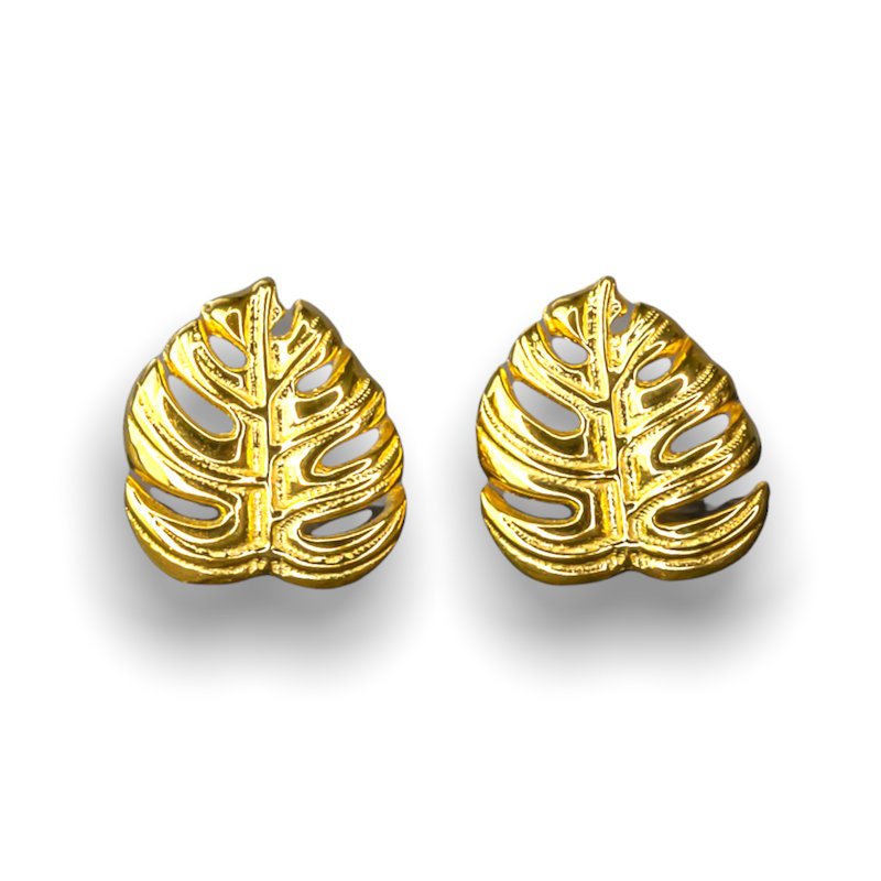 Orecchini a bottone con foglie Monstera - Placcati in oro 925 - Orecchini con foglie esotiche - OHR925-76