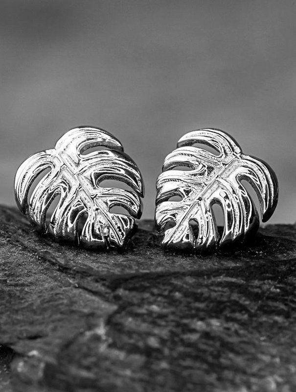 Monstera Leaves Stud Earrings - 925 Sterling Silver - Exotic Leaves Jewelry - EAR925-45