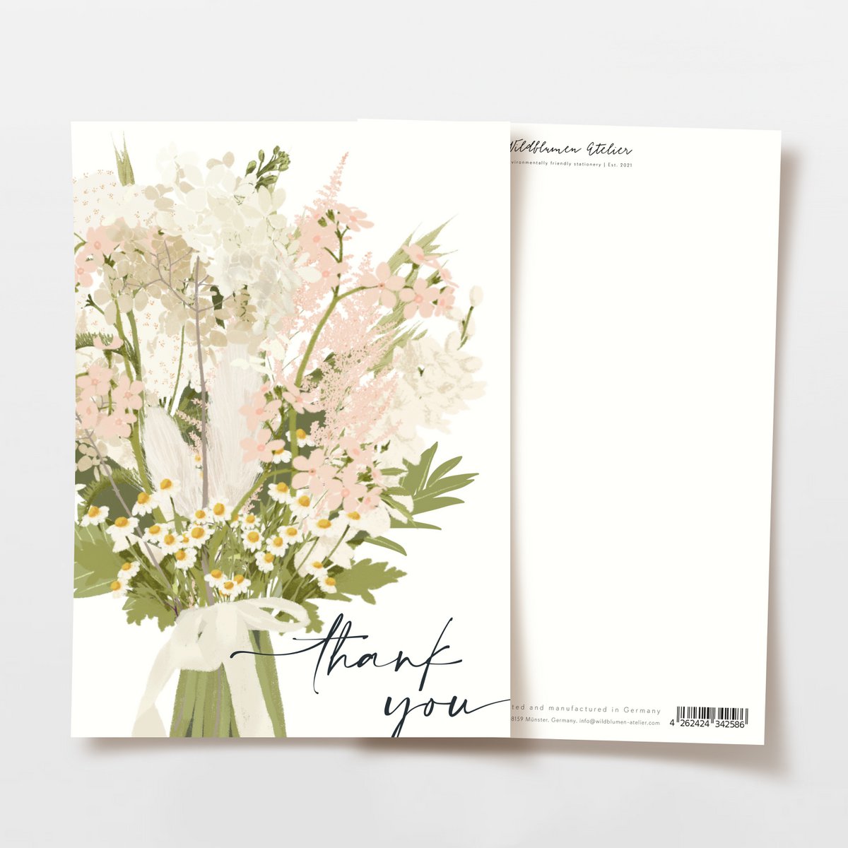 Dankeskarte 'thank you' mit rosa Wildblumenstrauß