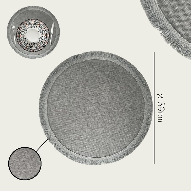 Arca TONDA Placemat Round 39cm, with fringe, grey, polyester