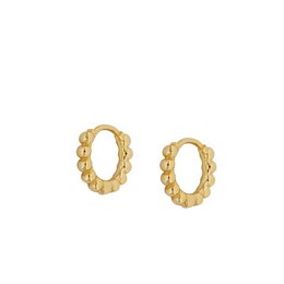 Gold-tone hoop earrings with beaded detailing. Oval-shaped hoops with a textured, beaded design. Suitable for casual or formal wear.