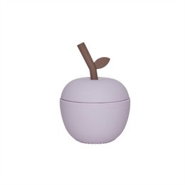  A round, light purple ceramic cup with a brown stem and lid, resembling an apple.
