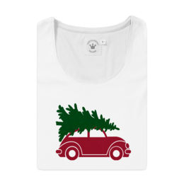  White women's t-shirt with Christmas car beetle design, short sleeves, festive holiday graphic print.