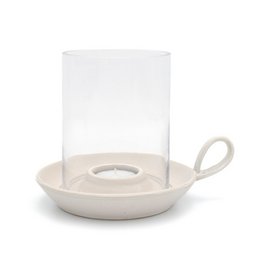  Cream-colored ceramic tealight holder with a clear glass dome. Suitable for use with tealight candles.
