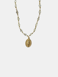 Gold beaded necklace with miraculous medal pendant, religious jewelry, delicate chain design.
