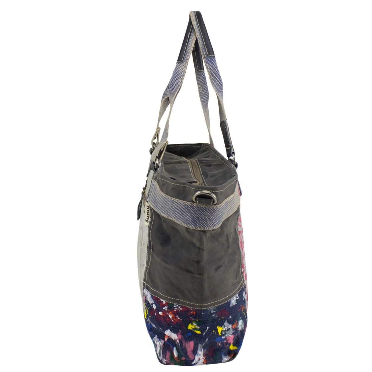 Damska torebka Sunsa. Torba na ramię wykonana z dżinsów, płótna i skóry z recyklingu. Torba w stylu retro vintage. Duża damska torba typu shopper w patchworkowym stylu