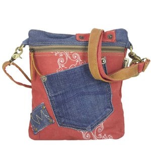 Sunsa Women's Sustainable Shoulder Bag. Shoulder bag made from recycled jeans & canvas (canvas). Handbag vintage retro style. Crossbody bag for women.