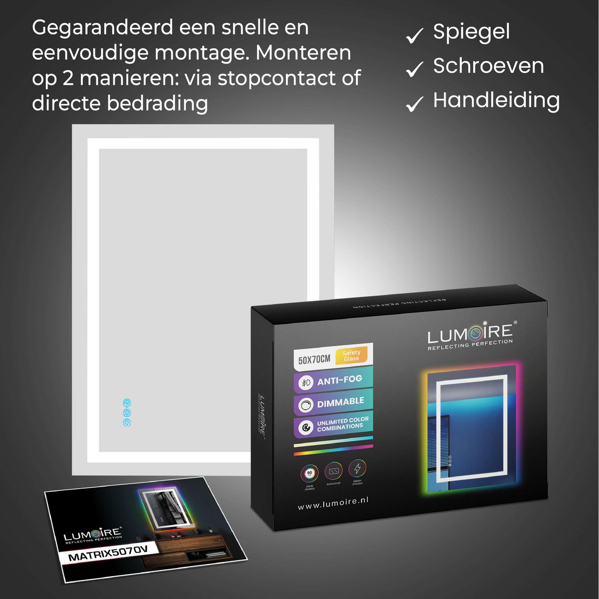 RGB-badkamerspiegel Lumoire Matrix verticaal 50 cm