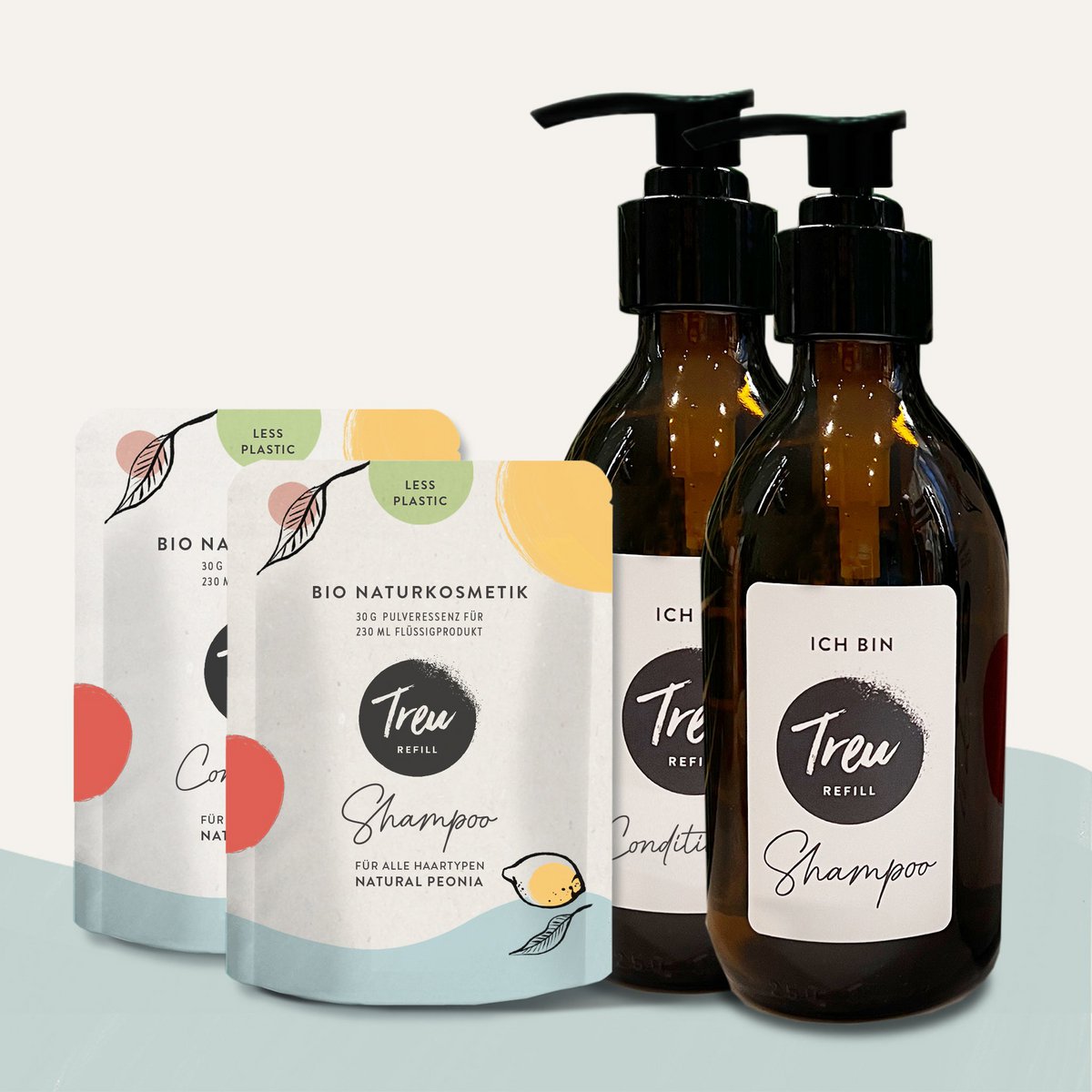 Champú y acondicionador de cosmética natural ecológica en polvo con botella de cristal de recambio