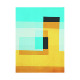 Geometric abstract wall art print with rectangular shapes in shades of green, yellow, and black.