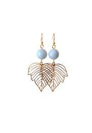 Aquamarine blue stone leaf drop earrings, gold or silver plated metal, statement jewelry.