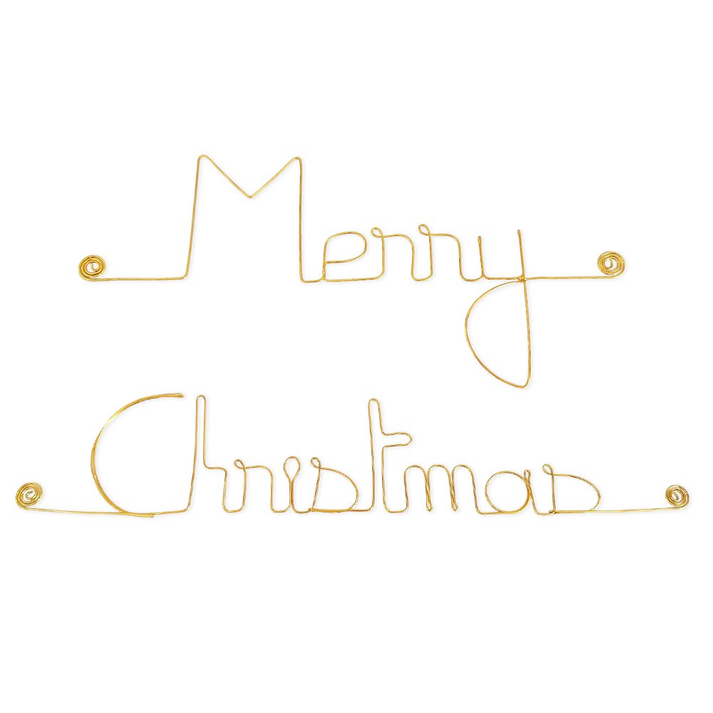 Wanddekoration aus goldenem Messingdraht – Weihnachts-/Neujahrs-/Jahresenddekoration: „Frohe Weihnachten“ – zum Anstecken – Wandschmuck
