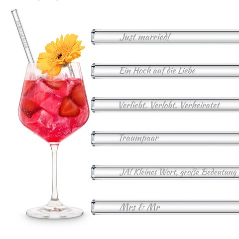 Hochzeitssprüche Edition 6x gravierte Glasstrohhalme perfektes kleines Hochzeitsgeschenk