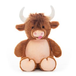 A plush toy of a highland cow with a soft, furry brown body and horns. The cow has a cute, friendly expression and is suitable for children.