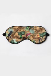Parrots 100% silk eye mask with a colorful tropical bird print design, perfect for blocking light and getting a restful sleep.