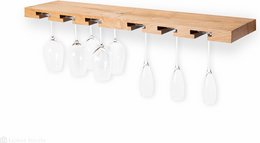 A wooden wall-mounted wine glass holder with a sleek and minimalist design. Measures 94 x 22 x 4 cm and is made of durable oak wood. Holds up to 6 wine glasses securely.