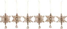 Set of 6 metal star-shaped ornaments in a warm gold color. Intricate laser-cut design with a hanging loop for easy display. Suitable for home decor, holiday decorations, or gift-giving.