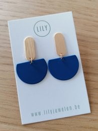 Statement earrings with gold-tone hardware and navy blue semicircle-shaped pendants.