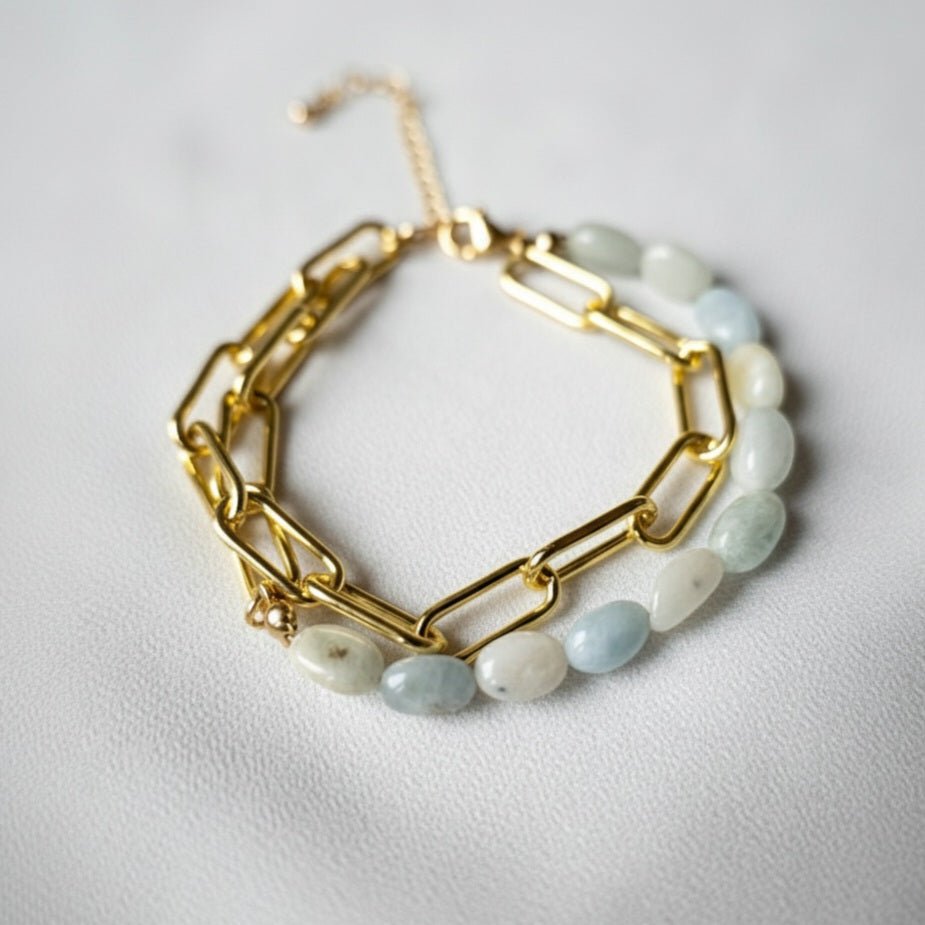 Aqua-armband in messing en 18k goud met aquamarijn