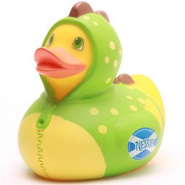  Turquoise rubber duck with a wave pattern design, suitable for use in a child's bath.