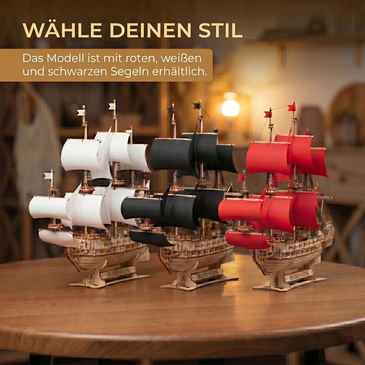 Galeone aus Holz mit LED-Beleuchtung – 3D-Holzpuzzle 583 Teile, Schiffsmodell mit Segeln und Takelage, Modellbausatz ab 12