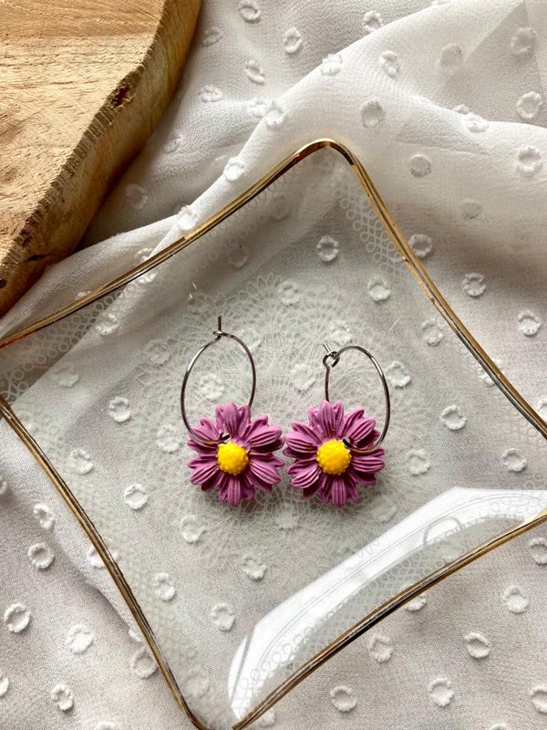Clay Earrings Stainless Steel gold/silver 'Pink Flowers'