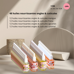 Nourishing nail and cuticle oils, 48-pack with four fragrances, colorful bottles, skincare treatment.