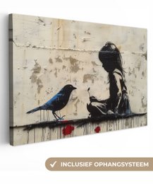 Canvas schilderij - Wanddecoratie Meisje - Street art - Vogel - Abstract - Graffiti - Modern - Muurdecoratie woonkamer - Kamer decoratie modern - Abstracte schilderijen